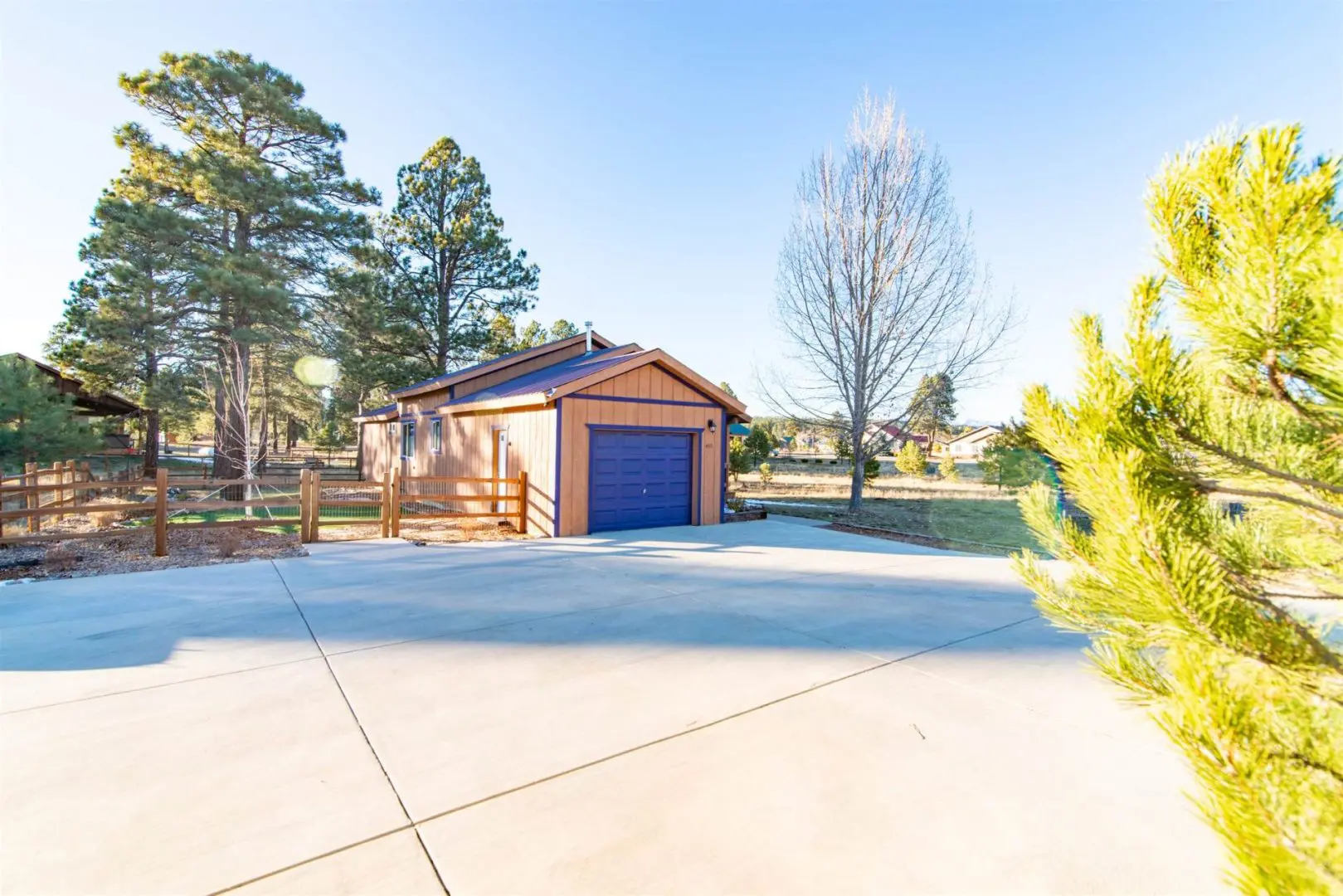 A garage with a blue door and pine trees in the background.