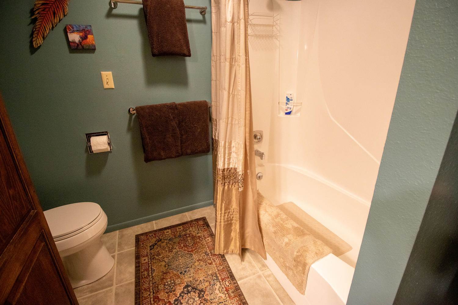 A bathroom with a shower and a rug.