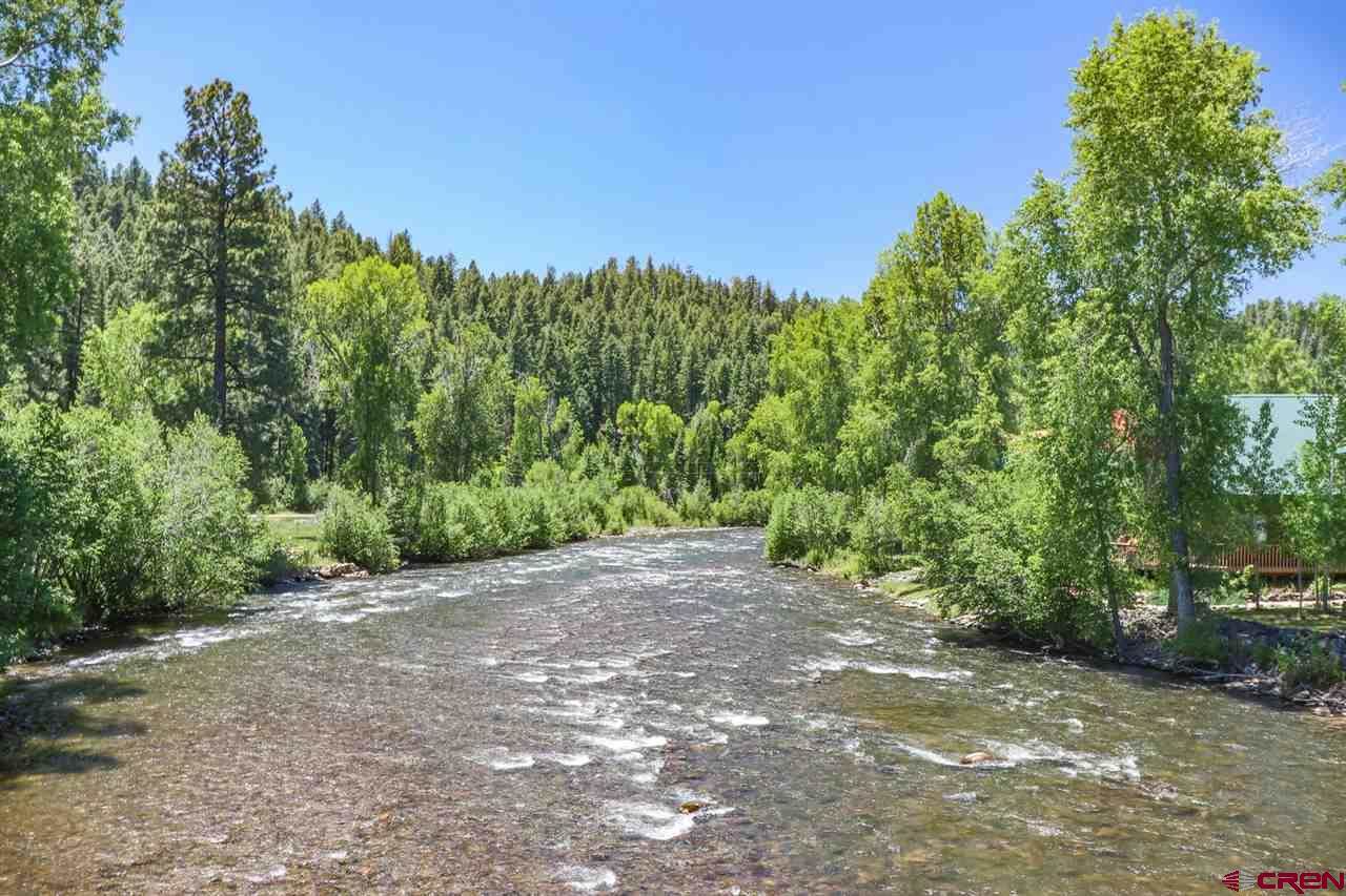 A river runs through a forest near a cabin.