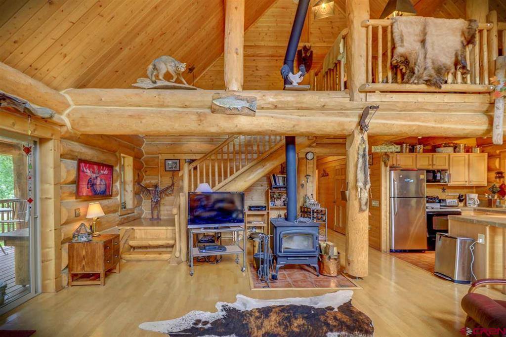 The living room of a log cabin.