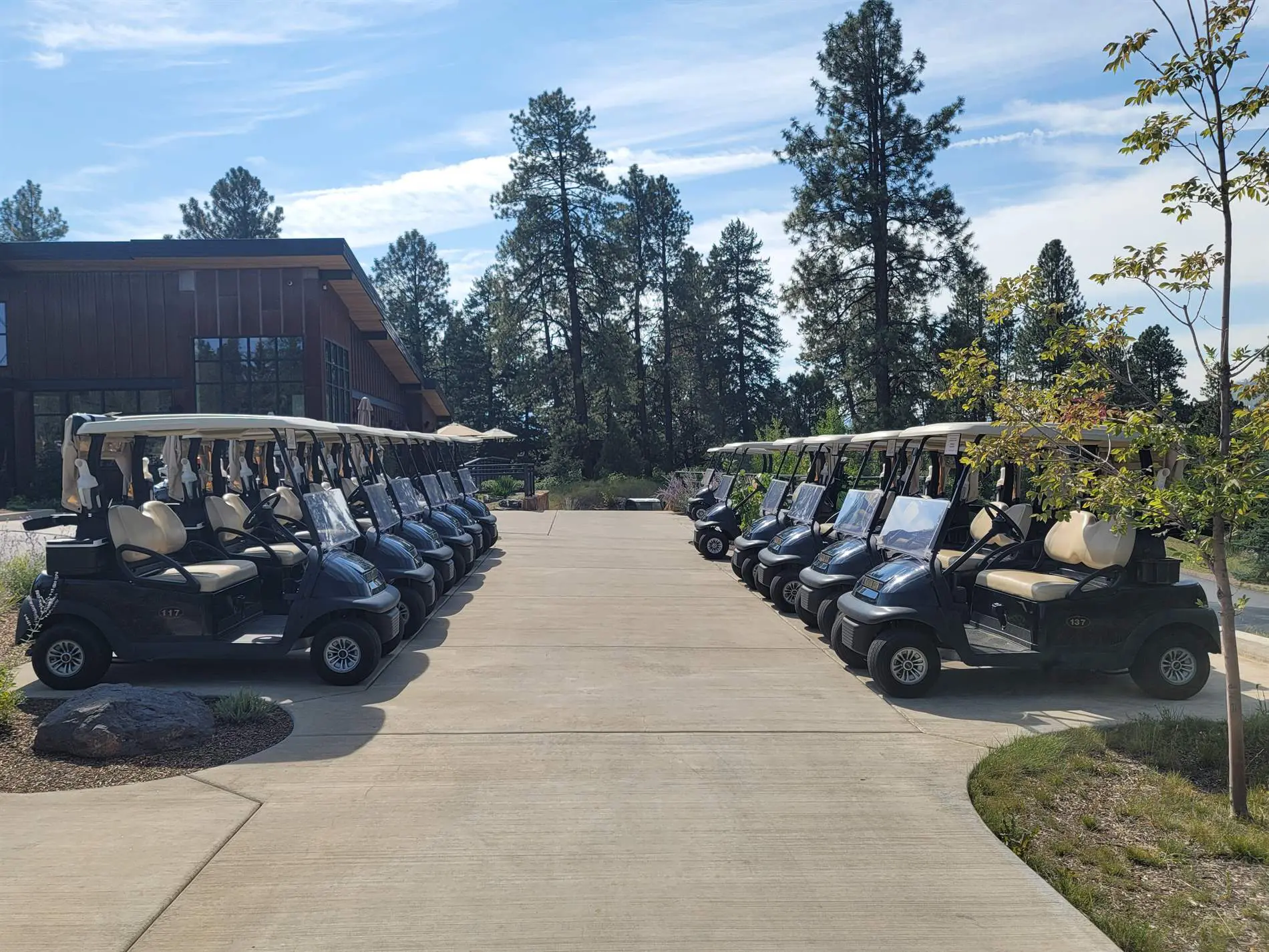 A line of golf carts parked in front of a building.