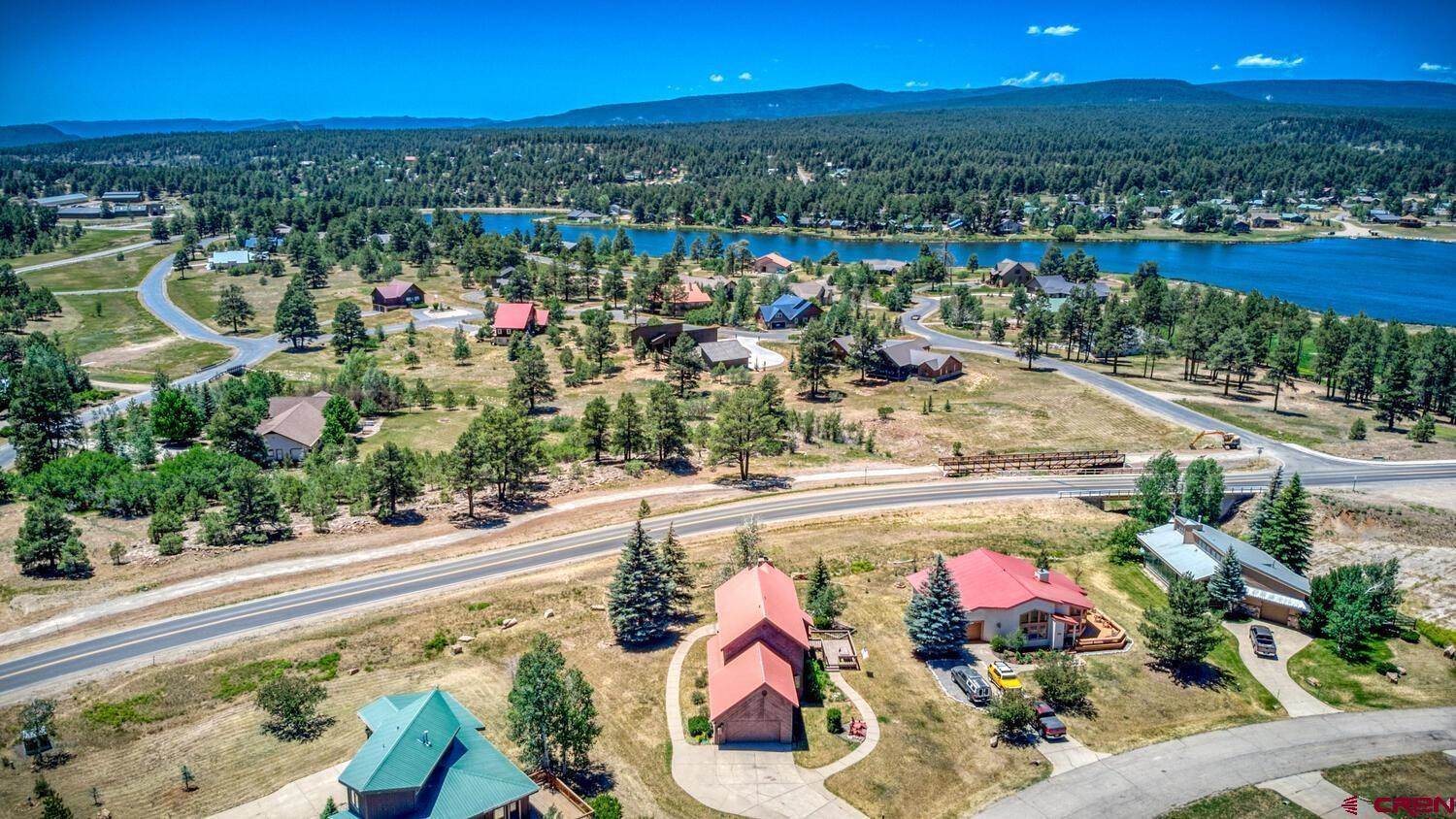 Top view of an area with some trees and houses