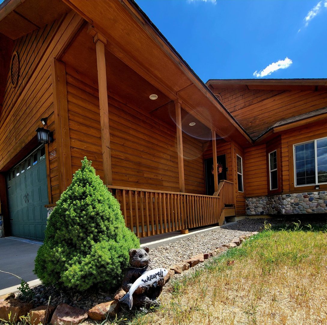 A log home with a spruce tree in front of it.