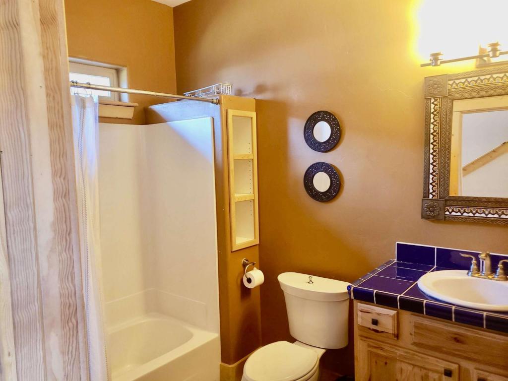 a shower area, commode, and a basin in a bathroom