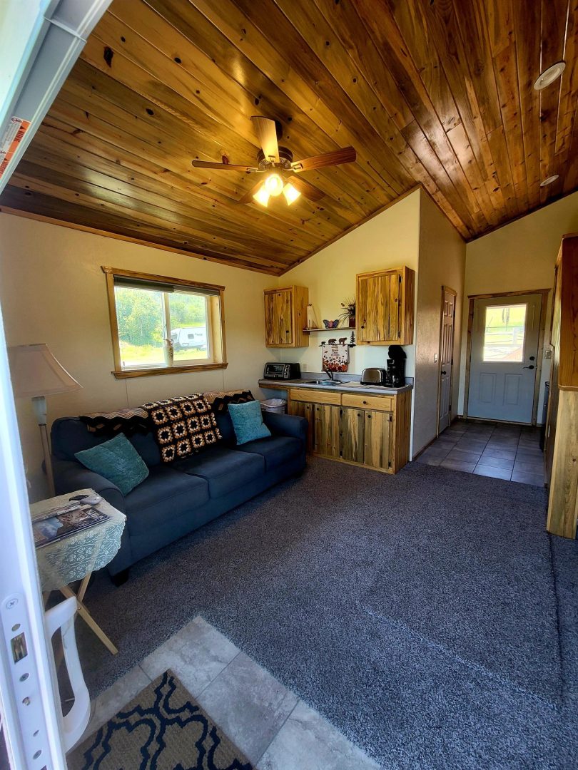 Inside image of a house with a blue sofa set