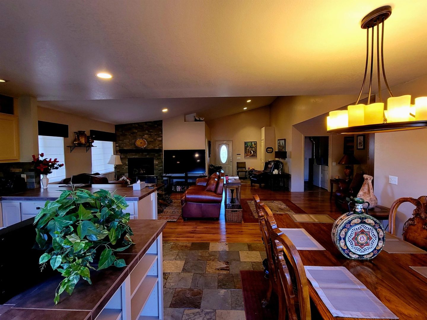 A living room and dining room in a home.