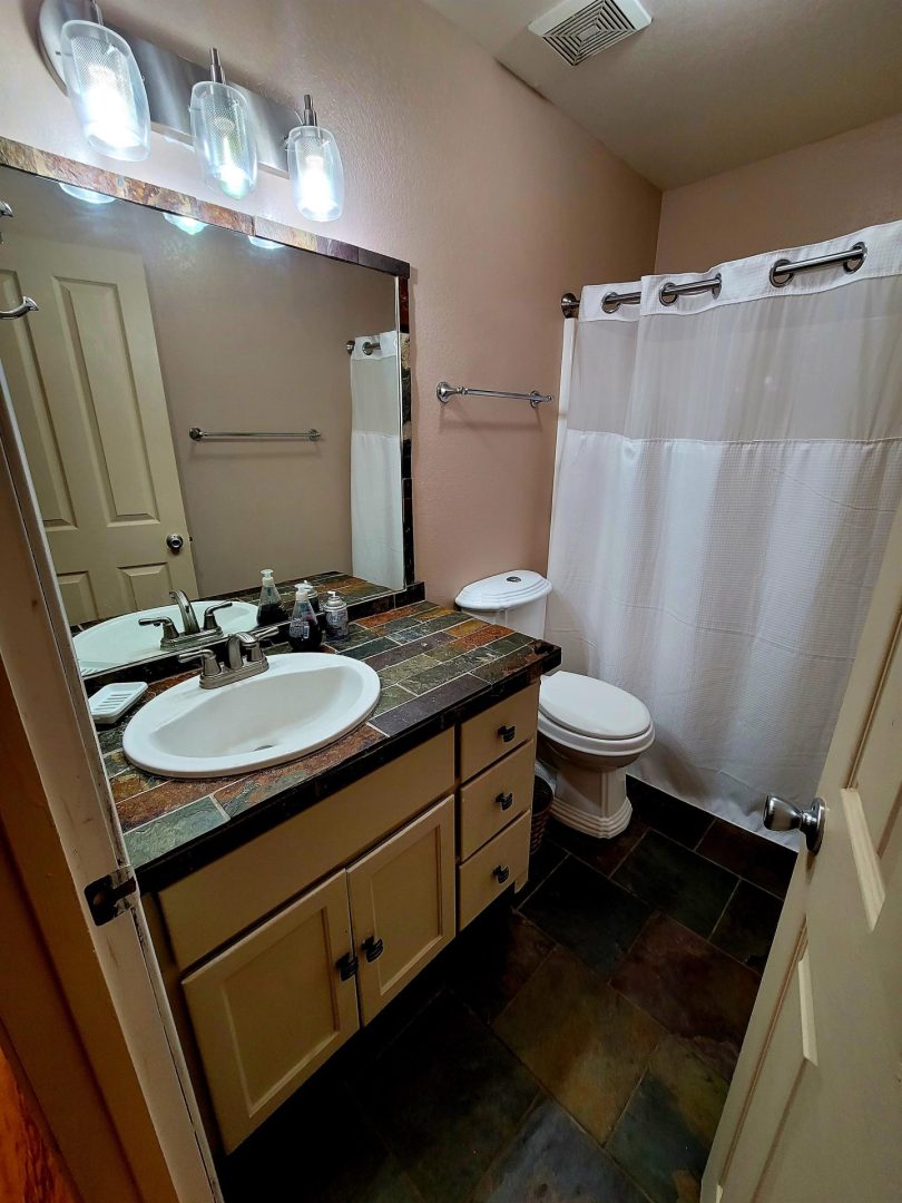 A bathroom with a sink, toilet and shower.